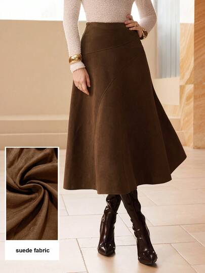 Modelyn Falda larga elegante de unicolor de otoño de ante sintético acampanada para mujer, falda larga elegante marrón occidental