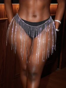 BamGleam Women's Fashionable Party Sexy Diamond Tassel Mini Skirt Rhinestone Skirt Rave Skirt Beaded Bikini Rhinestone Bikini Fringe Bikini - Silver - View 1