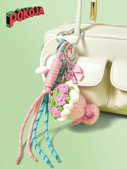 POKOJA LAND 1 件创意针织迷你花束装饰钥匙扣、蝴蝶结挂饰、优雅手提包吊饰