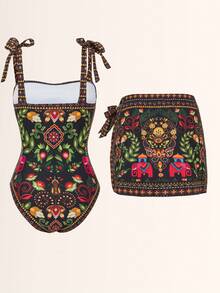 Swim Oasis 2pcs/Set Positioning Print Strap Top + Positioning Print Skirt, Summer Outfit