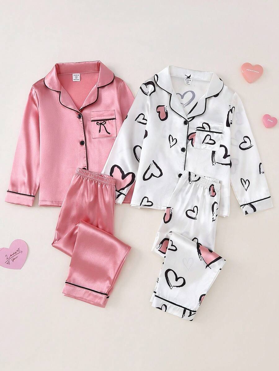 Genkimix Kids 2件套幼儿女童蝴蝶结刺绣和心形印花撞色饰边长袖上衣和裤子睡衣套装