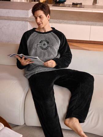 Manfinity Underwear&Sleepwear Basics 2 piezas Conjunto de pijama de felpa suave para hombres, estilo básico clásico, cómodo y suave para usar en casa, ropa de otoño e invierno, acogedor