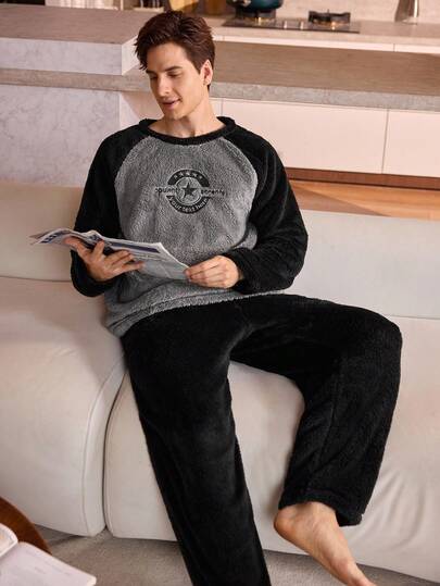 Manfinity Underwear&Sleepwear Basics 男士两件套抓绒睡衣套装，经典基础款，舒适柔软，适合居家穿着，秋冬季保暖舒适。