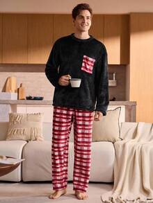 Men's Plaid Pocket Long Sleeve Top & Pants Pajama Set, Fall/Winter Clothes, Christmas, Fluffy, Cozy - Black - View 5