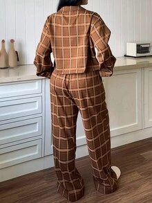 Dazy Plus 2pcs Plaid Loose Fit Casual Pajama Set, Suitable For Outdoor Wear, Plus Size Women, Spring/Autumn, Cozy Outfit, Fall Winter Clothes - Khaki - View 2