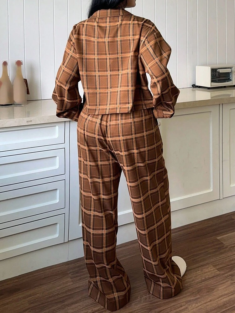 Dazy Plus 2pcs Plaid Loose Fit Casual Pajama Set, Suitable For Outdoor Wear, Plus Size Women, Spring/Autumn, Cozy Outfit, Fall Winter Clothes