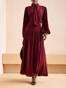 Zivah 2025 Winter New Style, Christmas, New Year, Birthday Party, Party, Back To School, Preppy Style, Student Wear, Everyday Outing, Basic Versatile, Casual, Cruise Travel, Influencer Style, Street Style, Elegant, Commuter, Business Casual, Small Stand-Up Collar, Tie Front Collar, Small V-Neck Bubble Effect, Long Sleeve Straight-Cut Loose Shirt With Gathered Maxi Skirt, Burgundy Suit, Winter Suit, Christmas Suit, New Year Suit, Women's Two-Piece Suit - Red Violet - View 5