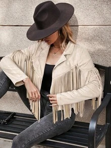 SHEIN LUNE Áo khoác thường ngày thiết kế tua rua tay dài cổ ve trơn màu cho nữ, mùa thu - Màu be - Xem 6