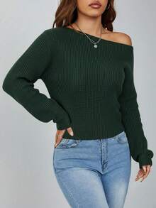 SHEIN PETITE 别致的橄榄绿色罗纹针织露肩长袖套头衫女士常规毛衣绿色毛衣深绿色上衣露肩长袖绿色长袖上衣露肩毛衣女士秋冬装 - 橄欖綠 - 查看 6
