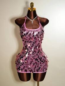 Mistrie 全新设计的性感无袖领口露背上衣亮片闪亮材质女士迷你紧身短裙，奢华年轻女士风格，高端性感女孩生日派对礼服，女士派对正式晚礼服。 - 粉色 - 查看 6