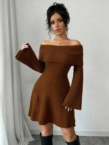 Rafferiza 优雅修身露肩收腰 A 字设计长袖纯色针织毛衣裙，女式，秋冬 - 鏽棕色 - 查看 6
