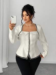 SHEIN Elenzya Áo cánh tay dài cổ thiên nga viền bèo nhún chắp vá cỡ lớn cho nữ, hàng cúc đơn thanh lịch - trắng - Xem 6