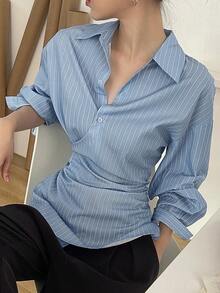 DAZY 新款秋季寬鬆休閒條紋商務休閒女款長袖上衣校園風 - 藍色 - 查看 7