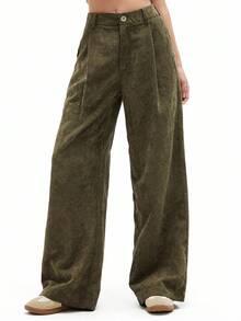 GENKIRA Quần ống đứng cổ điển thường ngày dành cho nữ, màu xanh ô liu, thiết kế vải nhung kẻ, ôm sát, hàng mới về mùa xuân - xanh quân đội - Xem 5