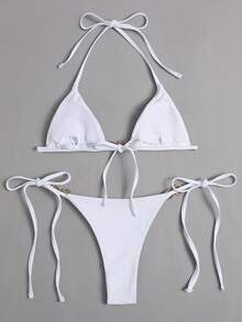 SHEIN Swim Summer Beach Ring Linked Micro Triangle Thong Bikini Set - White - View 6