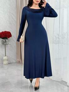 Modelyn 女士优雅圆领长袖束腰连衣裙 - Butter Yellow - 查看 2