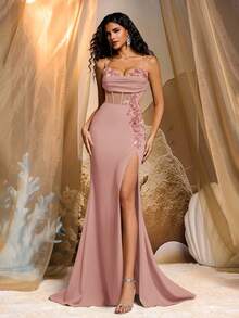 Glamrae Eleganter, luxuriöser Pailletten 3D Blumen Design elastischer geraffter Schlitzrock mit Fischschwanz, geeignet für Hochzeiten, Partys, Urlaub, Galas, formelle Anlässe (schwere Verzierung)