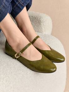 Rosivie 复古扣饰平底鞋，百搭优雅，适合春夏季，灰色 - 軍綠色 - 查看 5