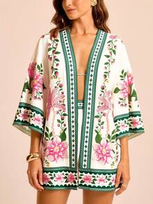 CAJUNI 女士花卉印花宽松休闲和服罩衫，3/4 袖，适合度假