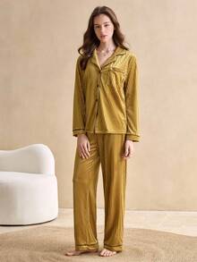 女士长袖天鹅绒睡衣套装休闲套装，秋冬装 - 墨綠色 - 查看 4