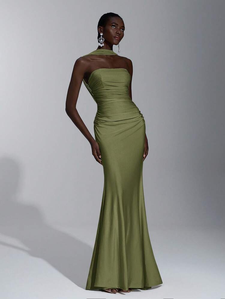 Elitara Elegant, Romantic, Sexy, Minimalist Design Bodycon Dress With Elastic Knit, Spaghetti Straps, Open Back, Fitted Waist. Fashion, Influencer Style, Suitable For Holidays, Parties, Weddings, Bridesmaids Green - Army Green - View 7