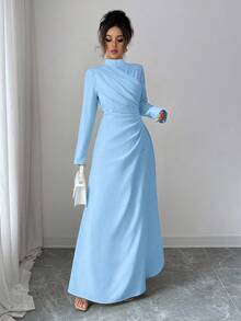 Firerie Robe longue élégante pour femmes, col rond, taille froncée, style A, manches longues, couleur unie, idéale pour le bureau, les déplacements, les vacances, les fêtes, le style rétro d'enseignante. Robe bleu clair, robe col montant, robe plissée style A, vêtements printemps automne hiver. Élégante, déplacements, rendez-vous, fête, mariage, remise de diplôme, soirée, tenue de travail, rentrée scolaire, fête annuelle, robe d'anniversaire pour femme