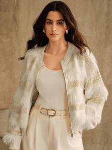 Anewsta 女士柔软蓬松流苏开衫毛衣，轻盈飘逸，适合秋季、冬季、圣诞节、新年、感恩节、外出等场合，优雅正式，时尚别致。 - 米色 - 查看 4