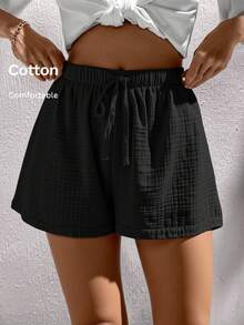 SHEIN LUNE Women's Casual Comfortable Cotton Elastic Waist Shorts, Suitable For Daily Leisure And Retro Outfits, Summer - Black - View 1