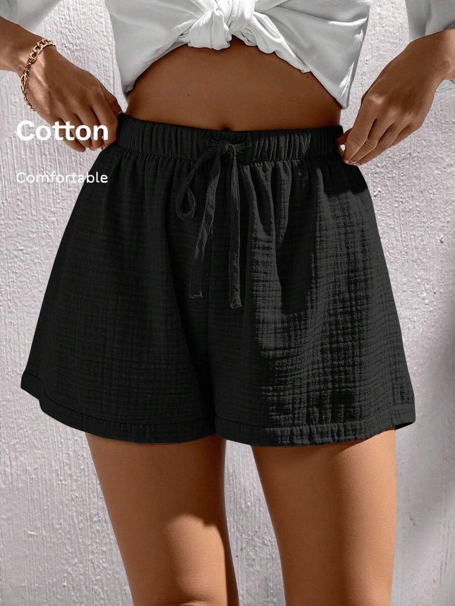 SHEIN LUNE Women's Casual Comfortable Cotton Elastic Waist Shorts, Suitable For Daily Leisure And Retro Outfits, Summer - Black - View 1