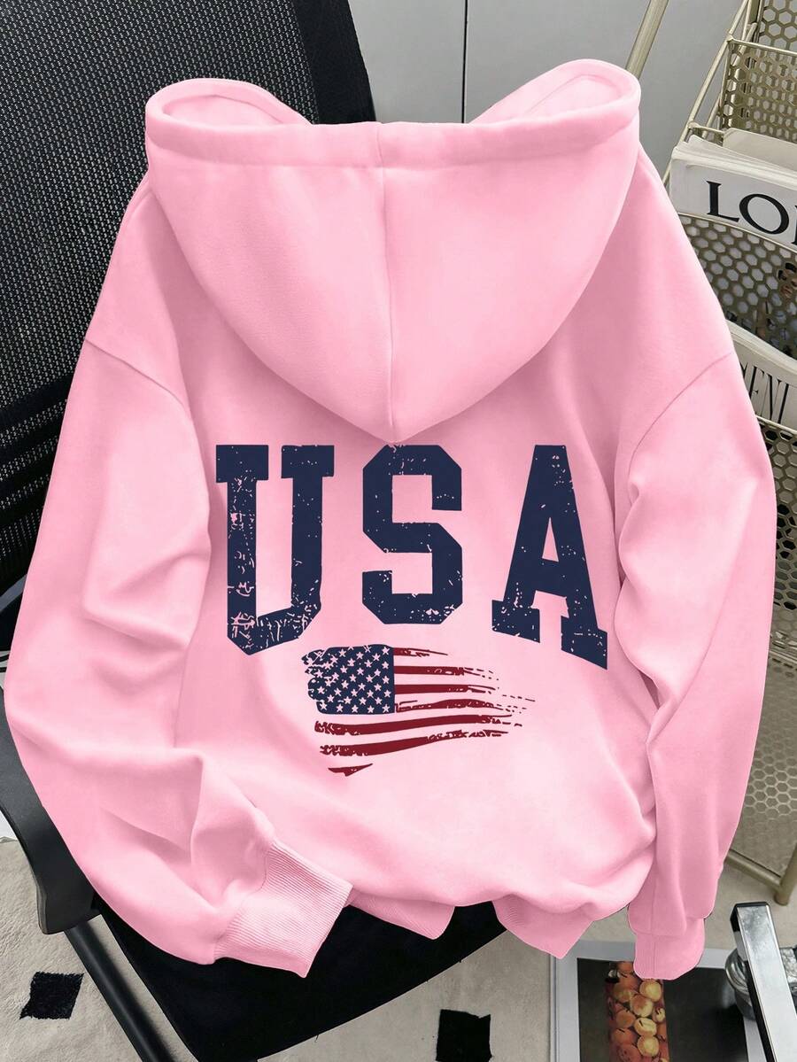 INAWLY 女士休闲美国国旗字母印花落肩卫衣，秋冬款 - 粉色 - 查看 1