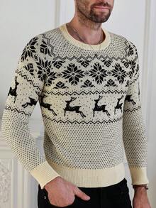Manfinity Homme Men's Casual Geometric Deer Pattern Round Neck Raglan Sleeve Sweater, Autumn Christmas - Apricot - View 1