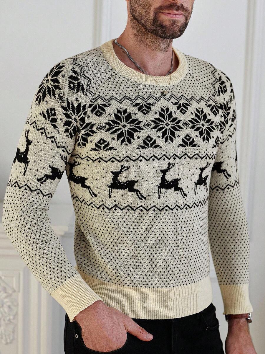 Manfinity Homme Men's Casual Geometric Deer Pattern Round Neck Raglan Sleeve Sweater, Autumn Christmas - Apricot - View 1