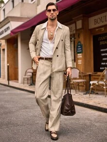 Manfinity VCAY 男士商务格纹印花尖领双排扣西装外套和裤子套装，通勤装 - 卡其色 - 查看 3