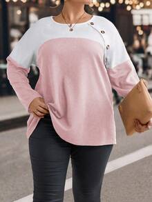 SHEIN LUNE Plus Two Tone Button Detail Raglan Sleeve Tee Graphic Tees Women Tops - Pink - View 3