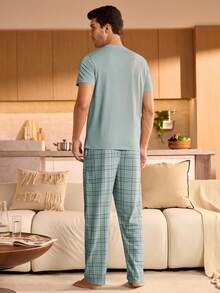 Manfinity Underwear&Sleepwear Basics Men's Pocket Crew Neck Short Sleeve Top And Plaid Pants Pajama Set Men Lounge Set Men Pjs Set - Mint Green - View 2