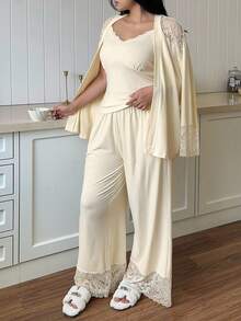 Dazy Plus 3pcs Plus Size Women Elegant Contrast Lace Camisole Top, Robe And Pants Sleepwear Set Fall Winter Clothes - Apricot - View 6