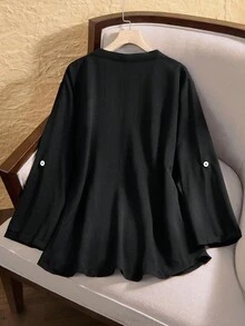 EMERY ROSE Plus Size Women Solid V-Neck Roll Sleeve Blouse,Western Wear Women - Black - View 8