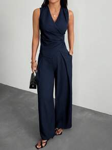 SHEIN PETITE 女士套装，优雅通勤装，藏蓝色女士无袖上衣搭配阔腿裤，优雅藏蓝色长裤，女士无袖阔腿裤 - 藏蓝色 - 查看 5