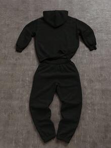 SHEIN 青少年男孩秋季新品休闲风格涂鸦手绘星星和字母印花运动街头服饰 Y2K 长袖连帽衫套装，适合秋冬 - 黑色 - 查看 2