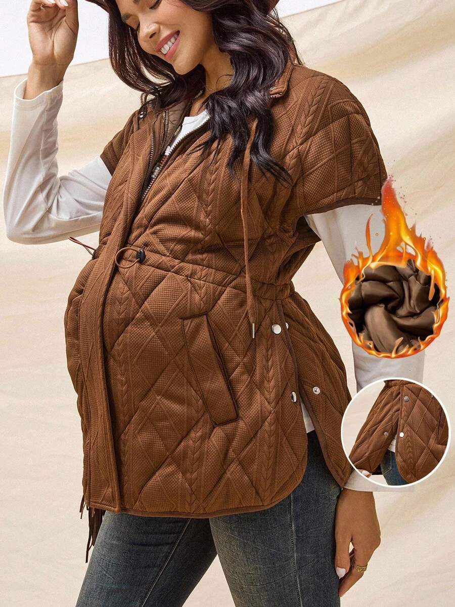 Boho Mama Pakaian Musim Gugur, Pakaian Hamil, Pakaian Hamil Musim Gugur/Dingin, Jaket Hamil Kasual Warna Polos dengan Tali Serut di Pinggang, Musim Gugur/Dingin - Coklat - View 1