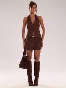 SHEIN BAE Women's Casual And Business Dual-Use Belt With Twill Shorts For Fall/Winter Workwear Shorts, Commuter Attire, Suitable For Professional Outfits, Brown Clothes Brown Shorts Women - Coffee Brown - View 3