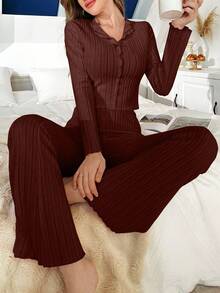 SHEIN 1 Set Women's Solid Color Brushed V-Neck Slim Fit Long Sleeve Top & Pants Pajama Set, Cozy Outfit, Fall Winter Clothes - Brown - View 4