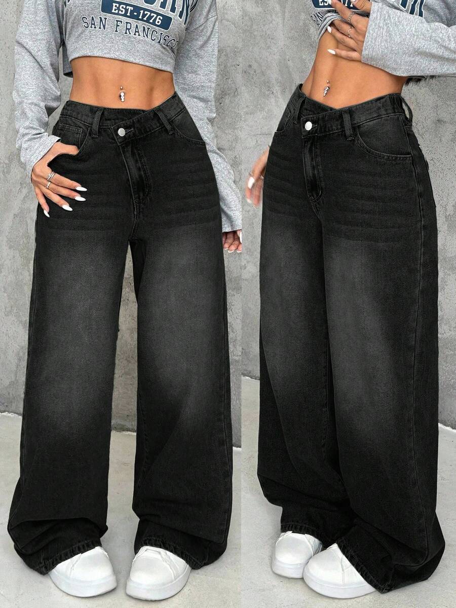 SHEIN PETITE 女式斜襟厚牛仔阔腿裤，蓝色