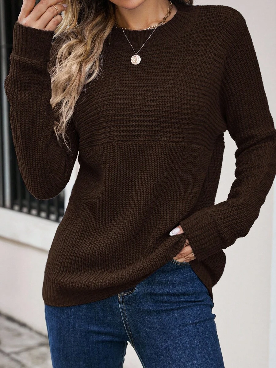 SHEIN Essnce 女式纯色圆领长袖休闲毛衣,秋冬 - 咖啡棕 - 查看 1