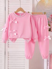 SHEIN Playful Pals 2pcs/Set Young Girls Fashion Pink Bow Round Neck Long Sleeve Sweatshirt And Elastic Waist Jogger Pants, Casual Sporty Outfit Suitable For Spring And Autumn Girls Jogging Set Girls Sweatsuit Set Girls Comfy Set Toddler Girl Sweatsuit Girls Bow Set Fall Winter