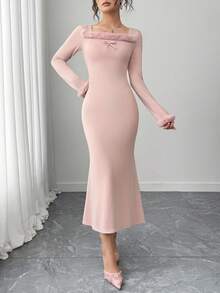 少女粉色方领蝴蝶结装饰腰部修身鱼尾下摆连衣裙，柔软甜美 - 粉色 - 查看 5