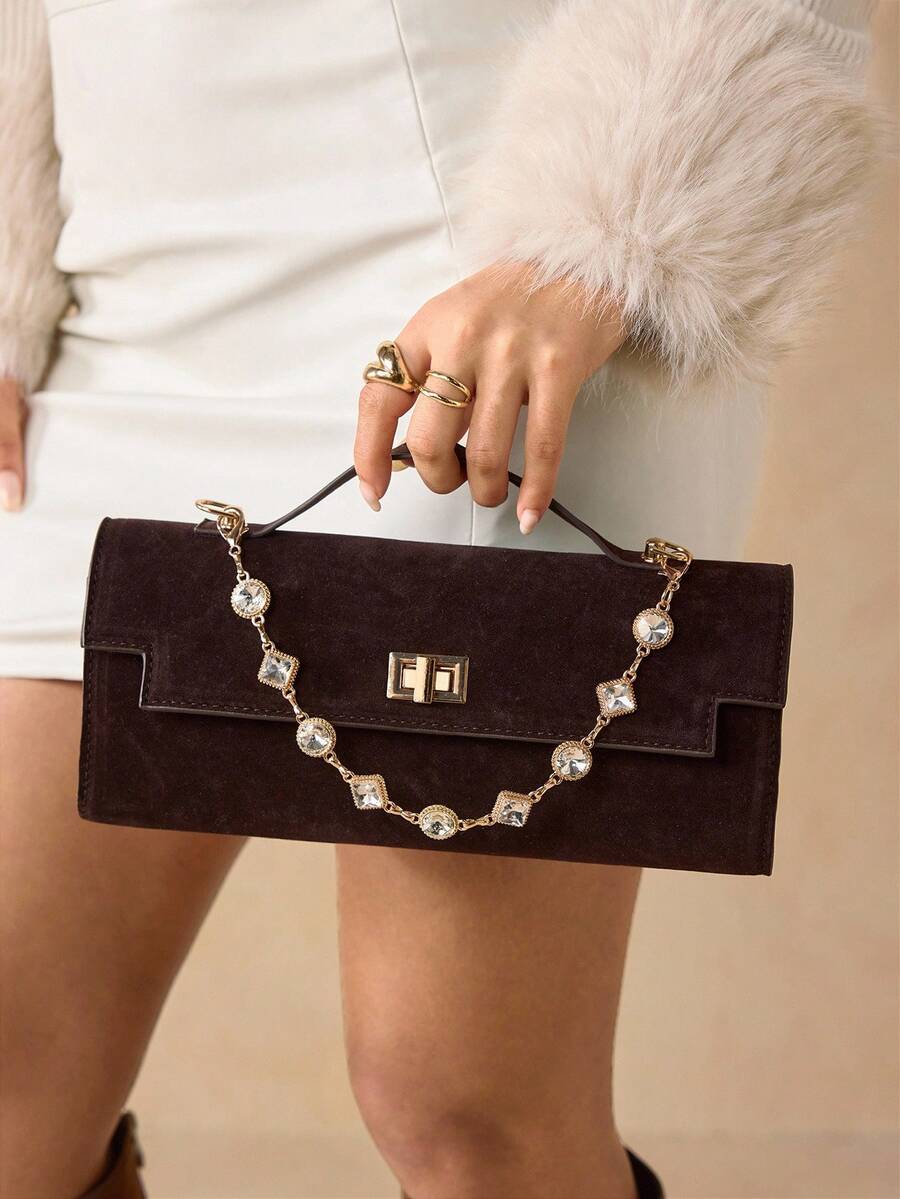 SHEIN SXY 女士，女式手提包，绒面革，棕色，钻石链装饰，时尚，奢华，优雅，简约，个性化，多功能，复古，复古，适合约会，日常，购物，下午茶，鸡尾酒会，派对，舞会，俱乐部，约会，生日，晚上，约会之夜，宴会
