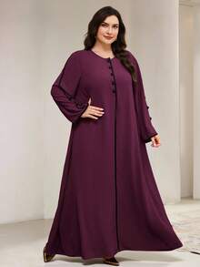 Veilorie 秋季大码女式优雅宽松长袍连衣裙，撞色饰边 - 酒紅色 - 查看 6