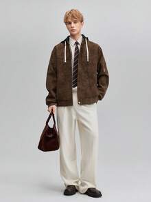 OFFICEAU 男士 Old Money 咖啡棕色仿麂皮夹克，宽松连帽款，适合秋冬春夏季穿着 - 咖啡棕 - 查看 2