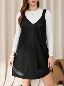 SHEIN Essnce Plus Size Black PU Dress, Women's Fall Halloween Costume, Elegant Summer Black And White Fashion Casual Business Suspender Curve Dress - Black - View 4